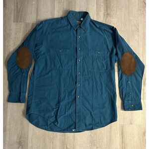Ruff Hewn Vintage Teal Blue Long Sleeve Work Flannel w/Suede Elbow Patches Large
